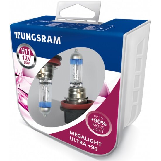 Лампа автомобильная Tungsram Megalight Ultra +90 H11 12V 55W (PGJ19-2), 2шт, 53110SXU PB2