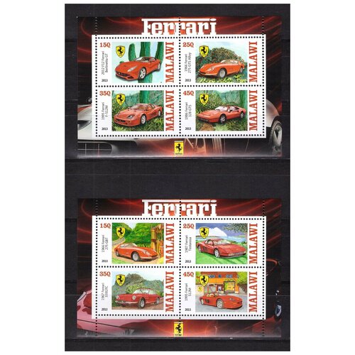 Почтовые марки Малави 2013 г. Техника. Автомобили Феррари. 2 малых листа. MNH(**)