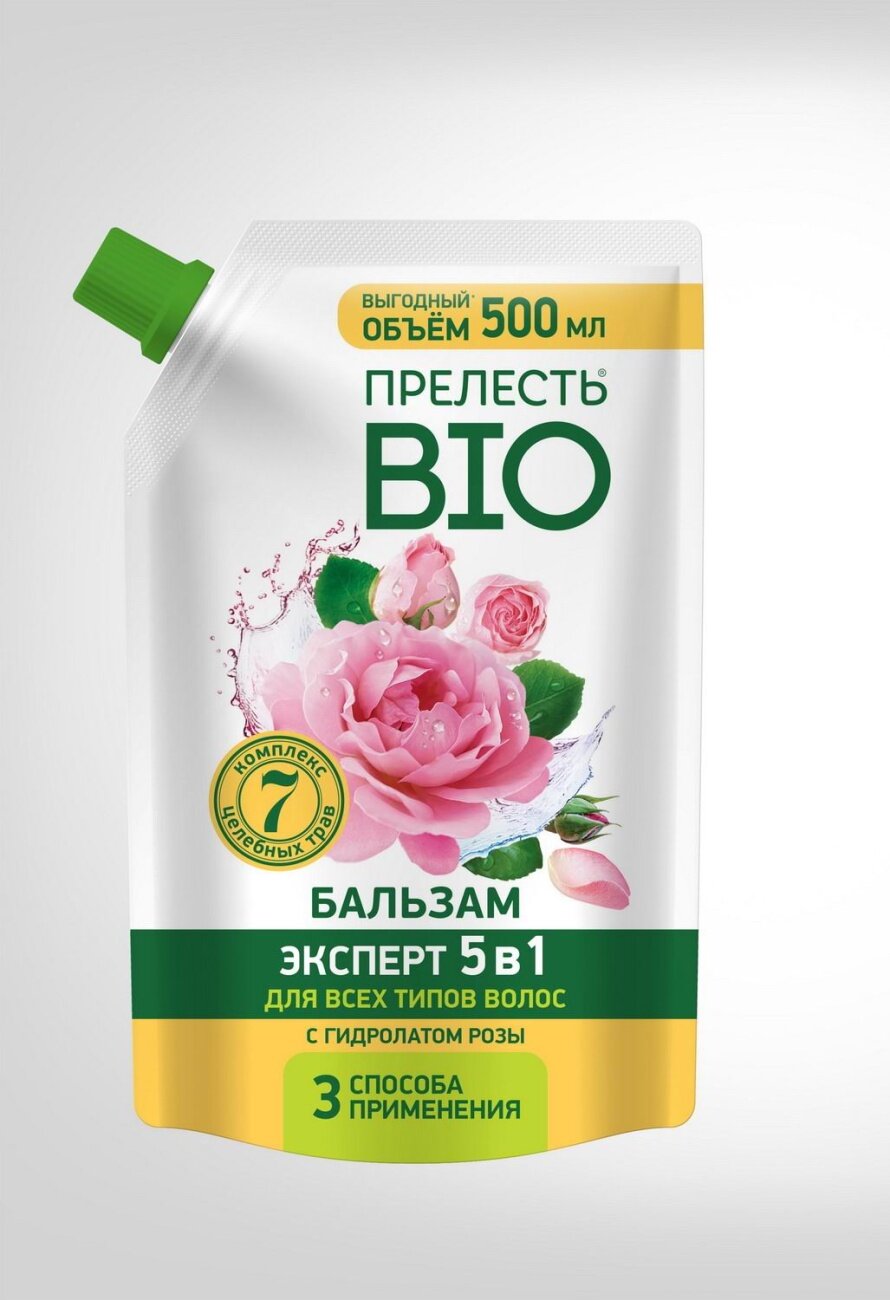 Прелесть BIO Бальзам с гидролатом розы 5 в 1 для поврежденных и секущихся волос 500 мл Дойпак 4650056499042