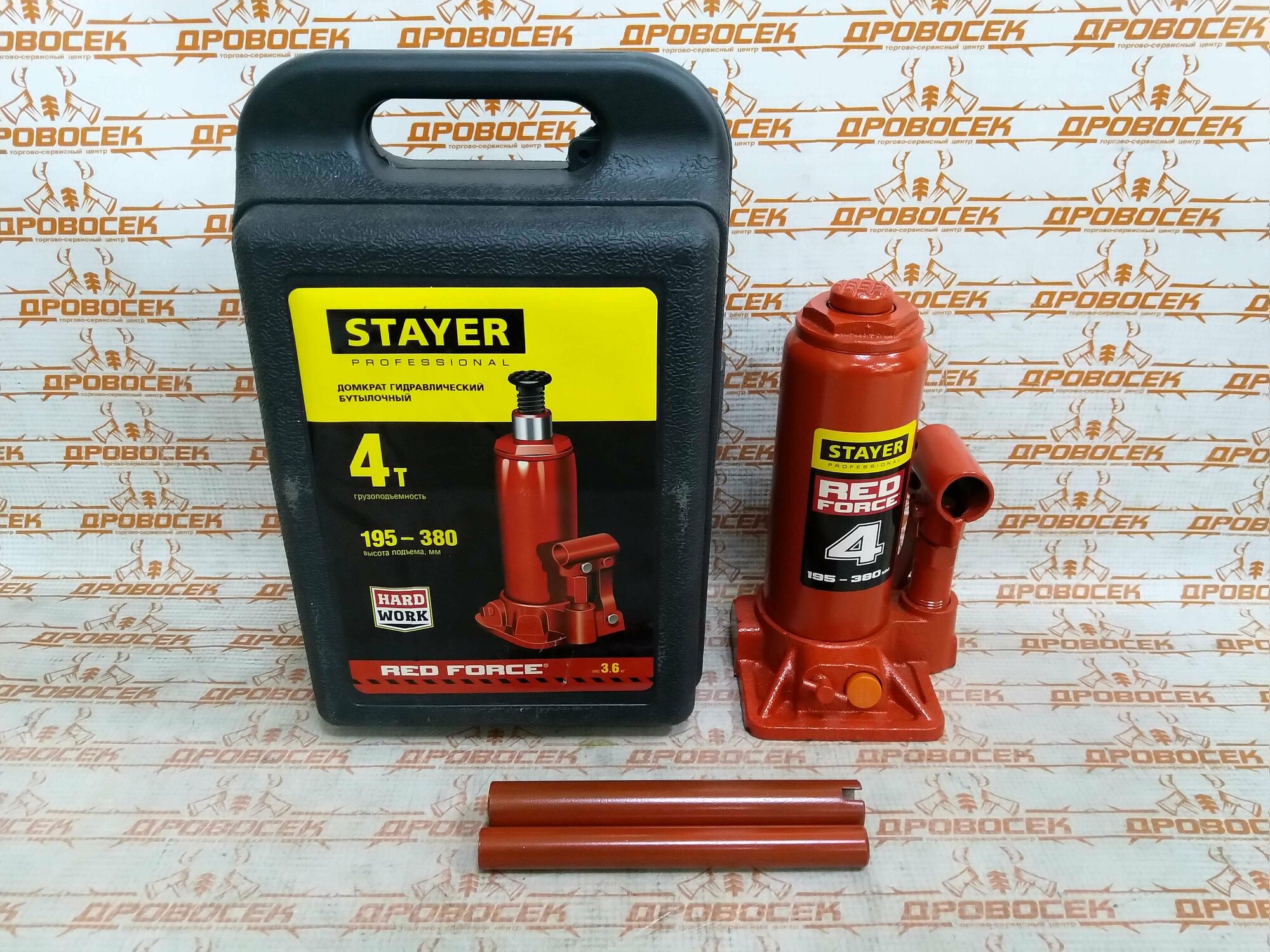 Домкрат гидравлический бутылочный STAYER RED FORCE Professional в кейсе (4 тонны + высота: от 195 до 380 мм) / 43160-4-К