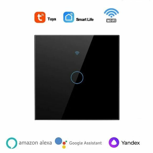 Умный выключатель WiFi Tuya одноклавишный сенсорный с голосовым управлением работает с Яндекс Алисой черный