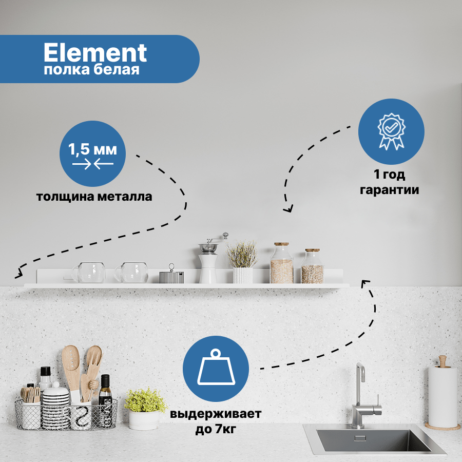 Полка настенная универсальная 90см. Element металл, цвет белый