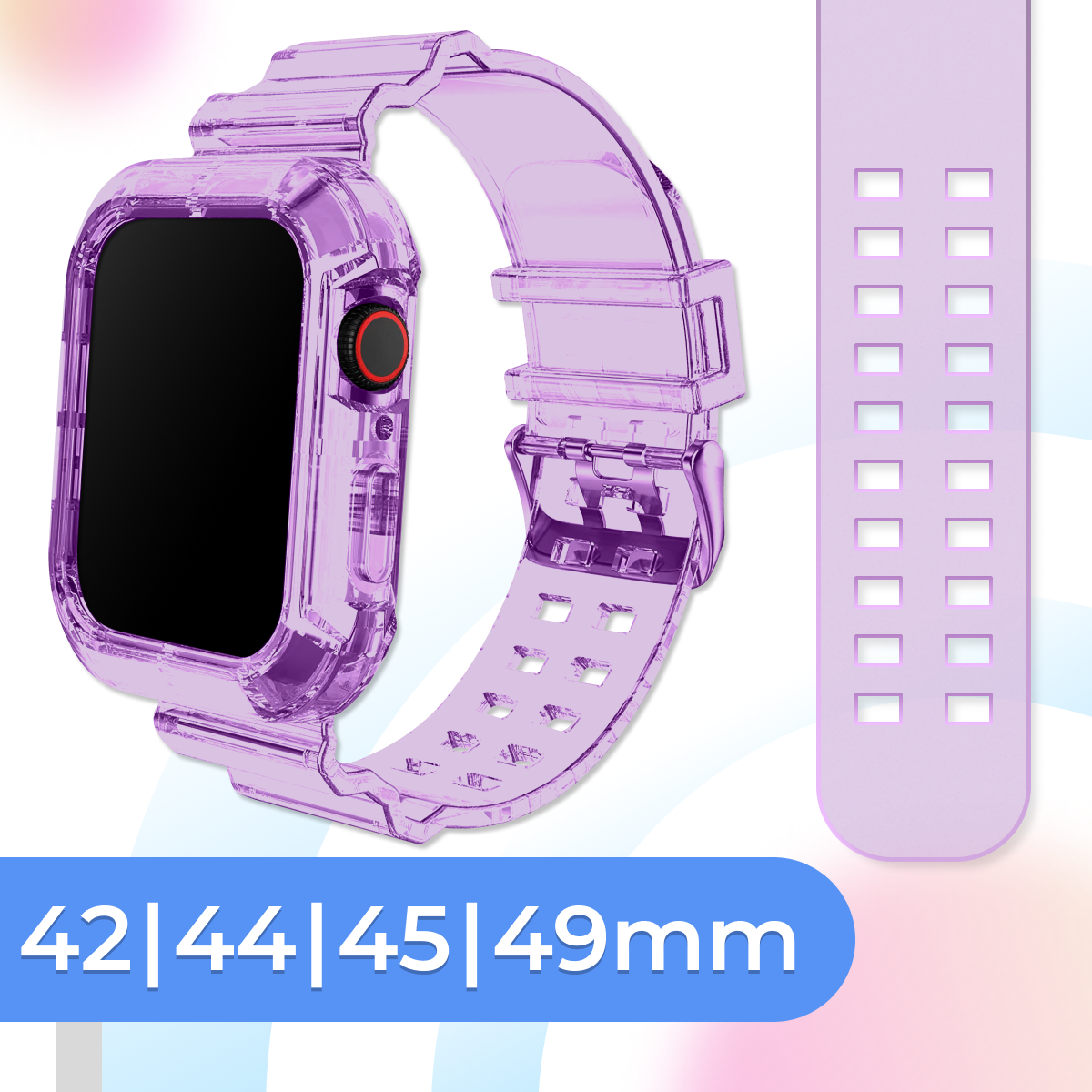 Прозрачный силиконовый ремешок для умных часов Apple Watch 42-44-45-49 mm / Спортивный браслет для смарт часов Эпл Вотч 1-9, SE, Ultra / Пурпурный