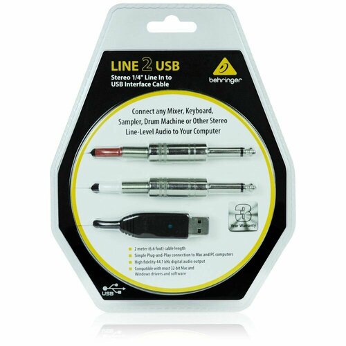 behringer line2usb аудиоинтерфейс BEHRINGER LINE 2 USB - линейный стерео USB-аудиоинтерфейс (кабель), 44.1кГц и 48 кГц, длина 2 м