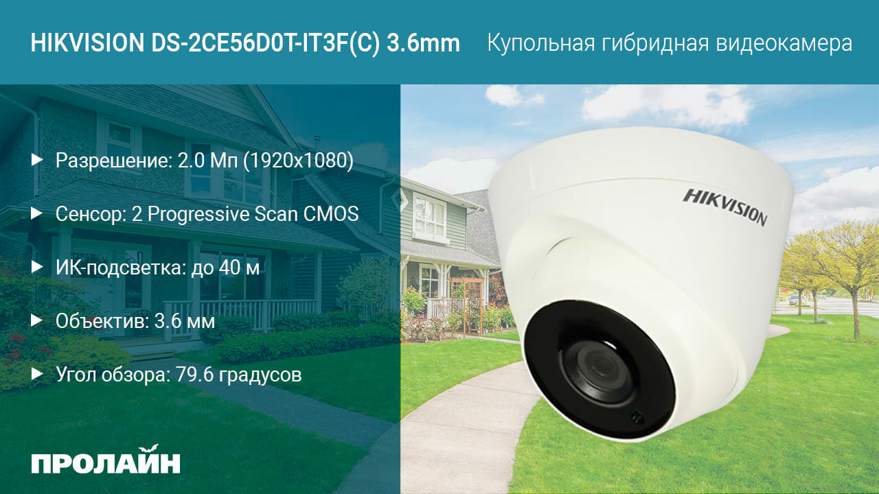 Купольная гибридная видеокамера HIKVISION DS-2CE56D0T-IT3F(C) 3.6mm