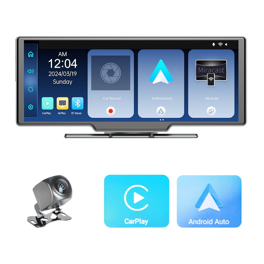 10.26" портативный беспроводной экран CarPlay, экран Android Auto, 4K видеорегистратор, 1080P камера заднего вида, изображение для парковки, встроенный акустический динамик, GPS навигация, Mirror Link, активация Siri и Google — фото 1