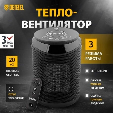 Электрический тепловентилятор Denzel DTFC-2000  керамический  пульт  3 режима  вентилятор  нагрев 1000 2000 Вт 96419