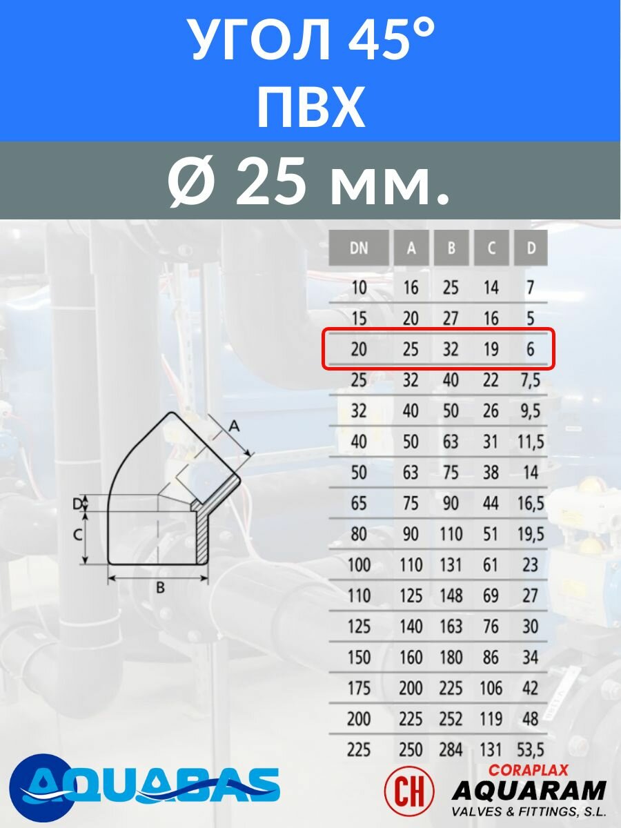 Угол ПВХ 45 градусов D25 клеевой, 2 шт. — фото 1