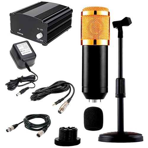 Комплект KM800-SZ конденсаторный микрофон BM800 чёрно-золотой с фантомным питанием 48V на настольной стойке c кабелями для подключения