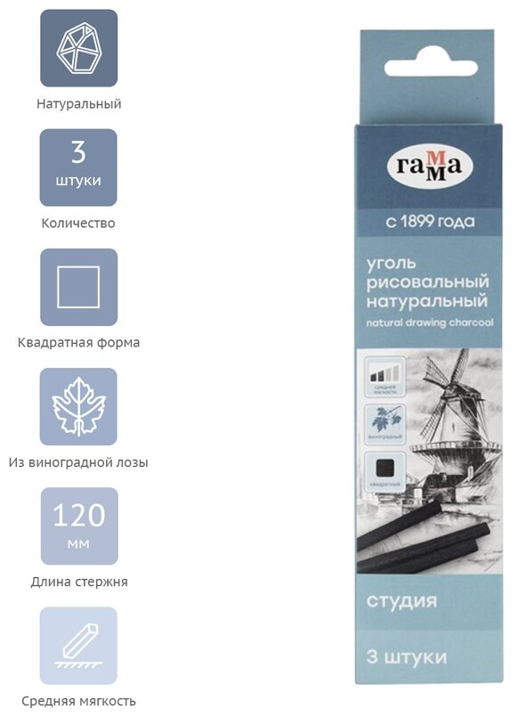 Уголь натуральный Гамма Студия виноградный средней мягкости квадратный, 3 шт - фото №1