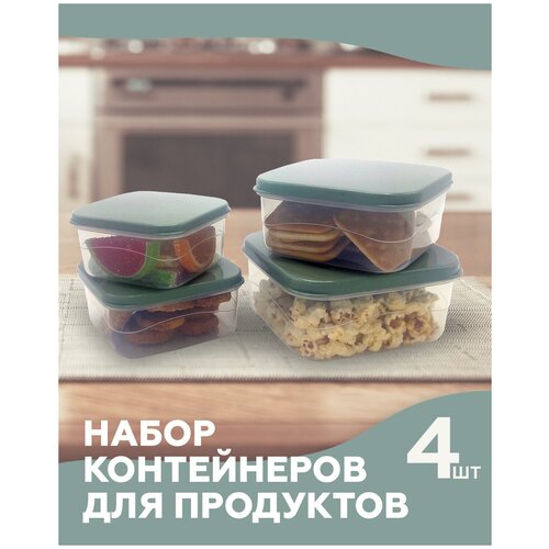 Набор контейнеров для продуктов с крышкой FUTURA Home, 4 шт, цвет бирюзовый, объем 0,3л; 0,45л; 0,65л; 1л.