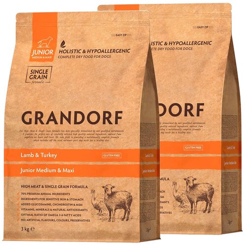 swiss energy all breeds junior dog lamb GRANDORF SINGLE GRAIN JUNIOR MEDIUM & MAXI LAMB & TURKEY низкозерновой для юниоров средних и крупных пород, беременных и кормящих сук с ягненком и индейкой (3 + 3 кг)