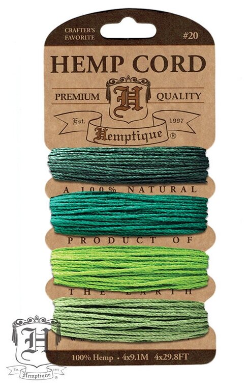 Шнуры на блистере HEMPTIQUE #20 - 1 мм, 4 цвета по 9,1 м темно-зеленый, зеленый неоновый, зеленый, оливковый #20 - 1 мм HEMPTIQUE HC20SOE