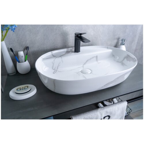 Комплект 3 предмета: Накладная раковина для ванной под камень Gid Mnc346C с донным клапаном и сифоном А-3202