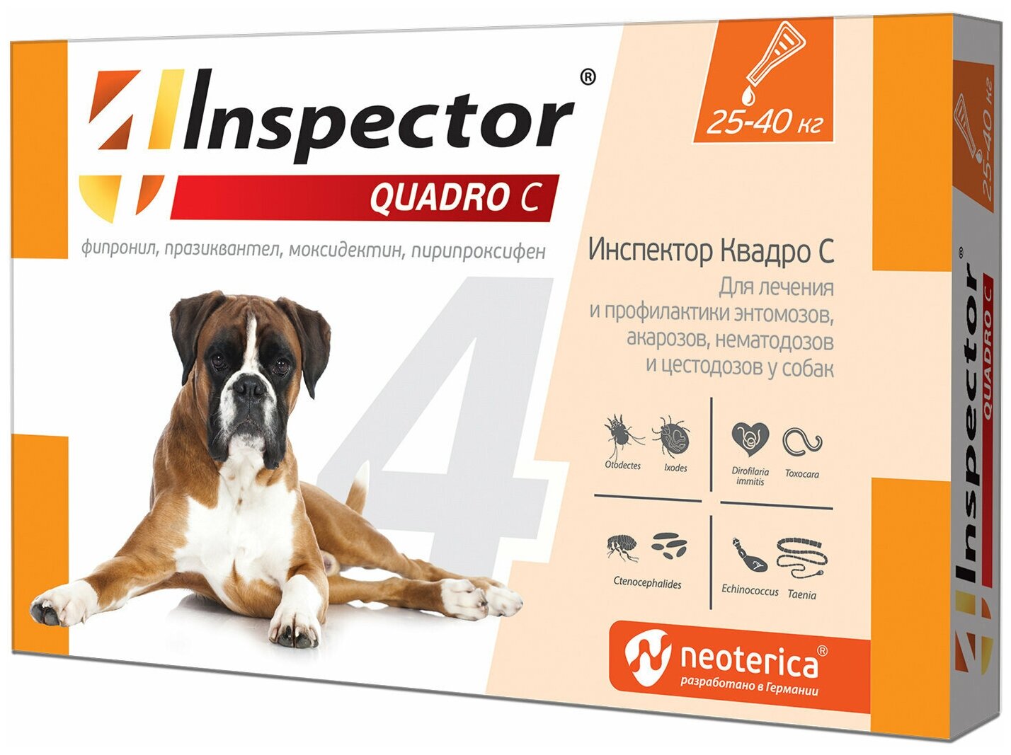 Inspector Quadro K капли для собак против внешних и внутренних паразитов от 25 до 40 кг 1 пипетка