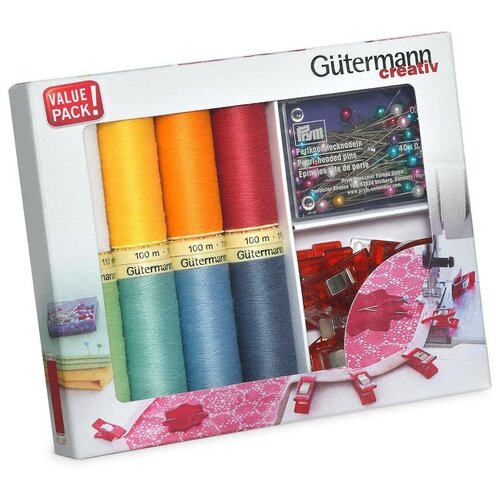 фото 734568 набор швейных нитей sew-all 100м, 8 кат с клипсами и булавками gutermann