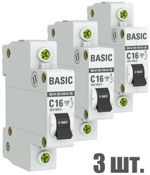 Автоматический выключатель EKF 1P 16А (C) 4,5kA ВА 47-29 EKF Basic 3 штуки