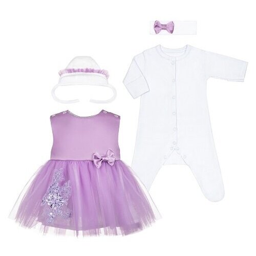 фото Комплект одежды patrino для девочек, комбинезон и платье и повязка и чепчик, нарядный стиль, размер 56, фиолетовый