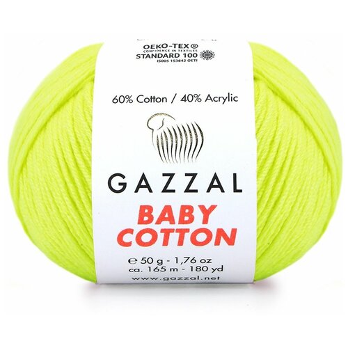 фото Gazzal пряжа gazzal baby cotton (60% хлопок, 40% акрил) 50 г 165 м, 3462 теннисный мяч (желтый) неон