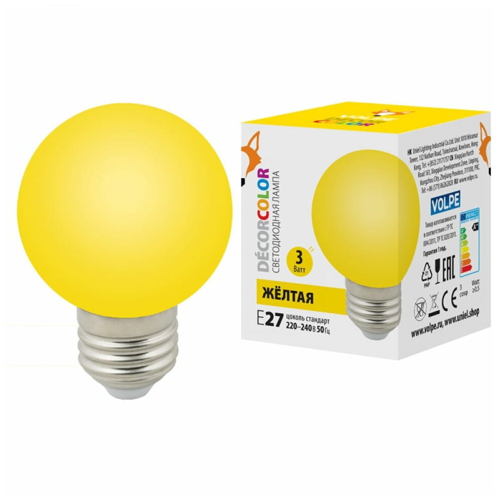 Типы/Лампочки/Декоративные Volpe Лампа светодиодная Volpe E27 3W желтая LED-G60-3W/Yellow/E27/FR/С UL-00006961