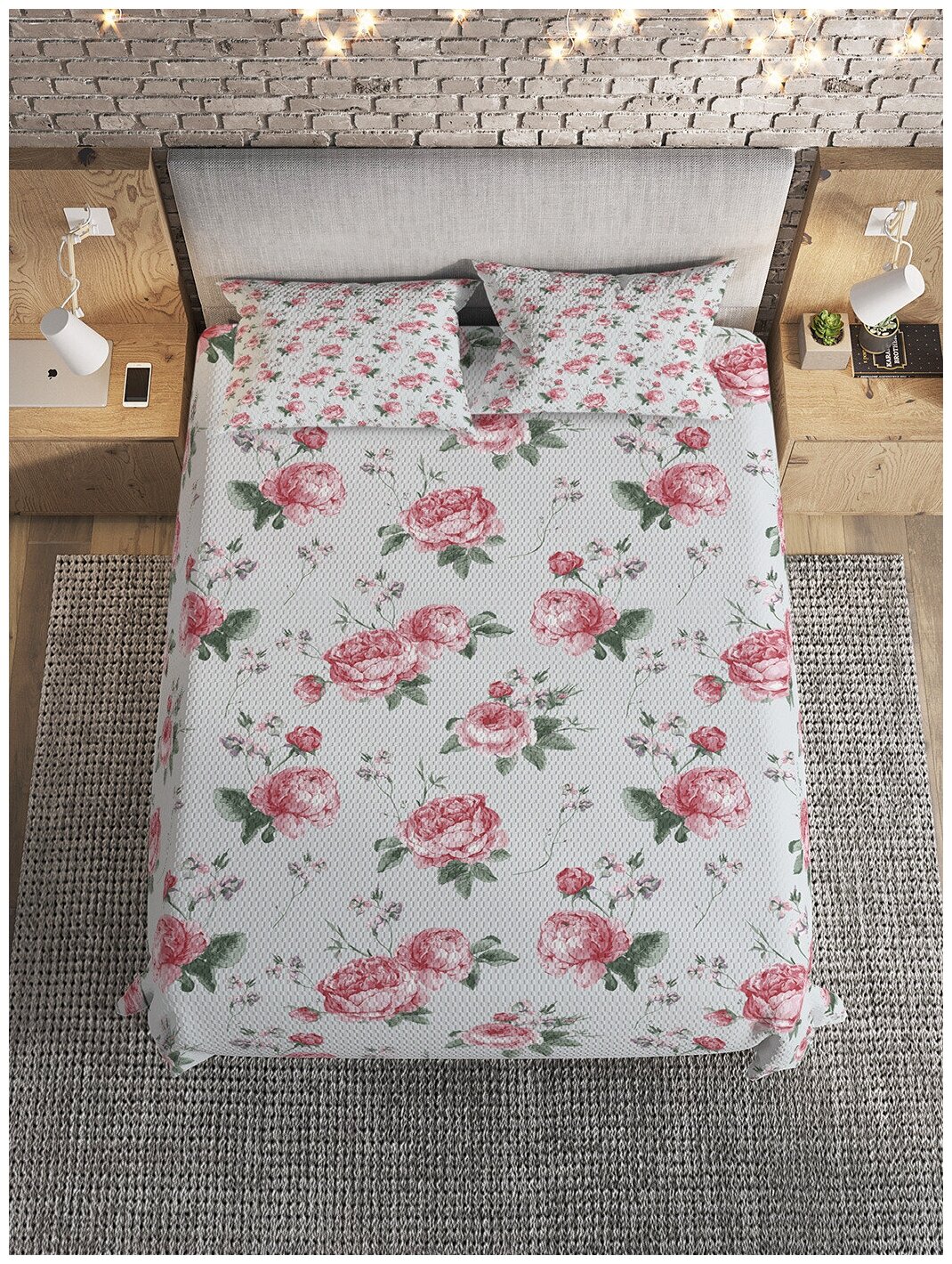 Покрывало на 2-спальную кровать Ambesonne "Розовые букетики" 220х235 см, с 2 наволочками 50x70 см