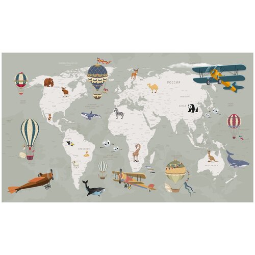 Фотообои Уютная стена Карта мира с мультяшными животными 450х270 см Виниловые Бесшовные (единым полотном)