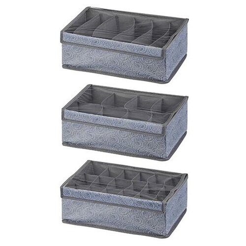 Набор 3-х короб-кофров для нижнего белья и носков 34х23х12 см EL Casa Розы на сером (6, 8, 18 отделений), с прозрачной крышкой