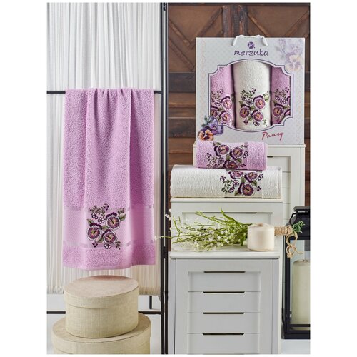 фото Подарочный набор полотенец для ванной 50х90(2), 70х140(1) merzuka pansy хлопковая махра сиреневый merzuka (турция)