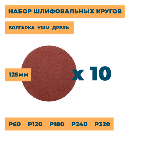 Круг шлифовальный без отверстий 10шт 125мм / Набор P60, P120, P180, P240, P320 / для болгарки ушм дрели