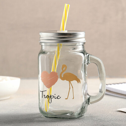 Банка стеклянная с ручкой крышкой и трубочкой Доляна Золотой фламинго 450 мл 107513 см 510₽