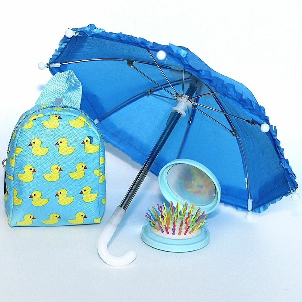Комплект аксессуаров для кукол (рюкзак+зонт+зеркало-расческа), голубой