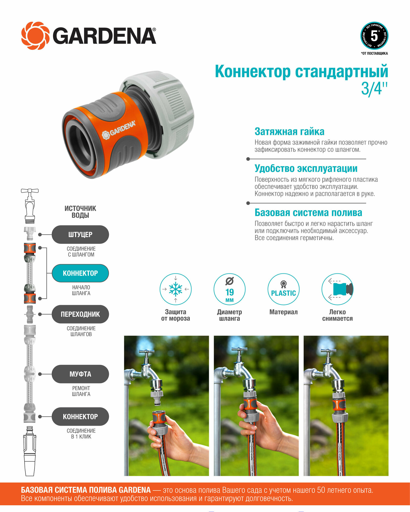 Универсальный коннектор Gardena 3/4" (18216-29.000.00) - фото №5