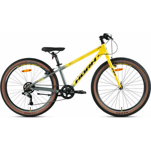 Велосипед горный HORH JAB 26 (2024), ригид, детский, мужской, для мальчиков, алюминиевая рама, 7 скоростей, ободные тормоза, цвет Yellow-Light Grey, желтый/серый цвет, размер рамы 13,5, для роста 150-160 см
