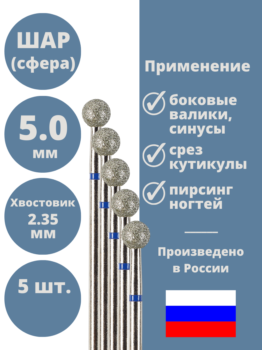 Astial / Фреза для маникюра и педикюра алмазная средняя синяя Шар Сфера Набор для кутикулы 5 шт