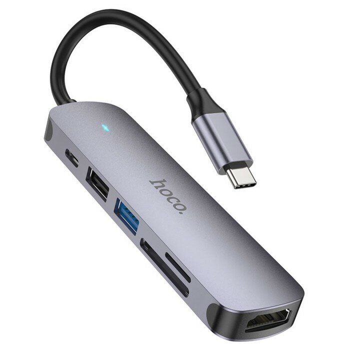 Адаптер Hoco HB28, HDMI/USB3.0/USB2.0/SD/TF/PD, 60 Вт, 3 А, 13.5 см, серый