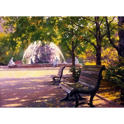 Алмазная мозаика без подрамника 40х50. Фонтан в парке