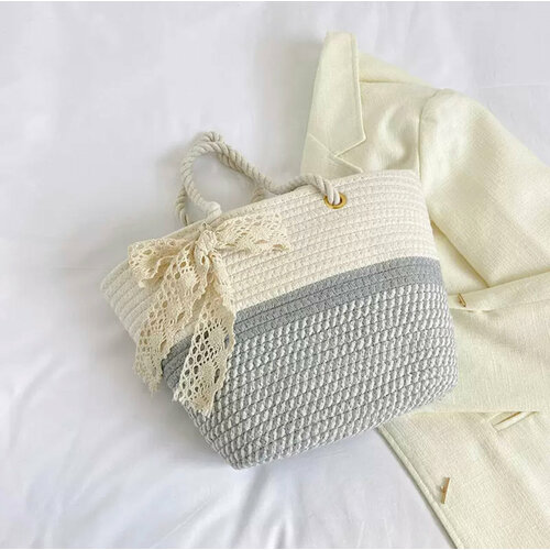 Сумка пляжная , фактура плетеная, серый, белый