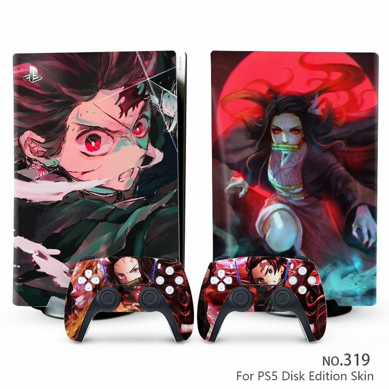 Наклейка виниловая защитная на игровую консоль Sony PlayStation 5 Fat Disc Edition, 319, Танджиро-Незуко, полный комплект с геймпадами