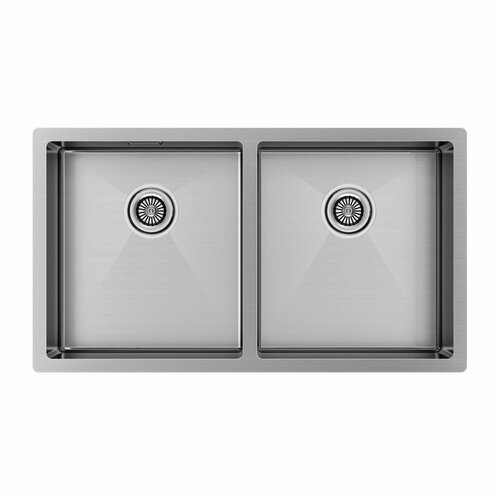 фото Кухонная мойка из нержавеющей стали paulmark gerberg 78/2 uni, 780х440 мм, две чаши, шумопоглащающее покрытие, врезная / вровень со столешницей, цвет брашированная сталь