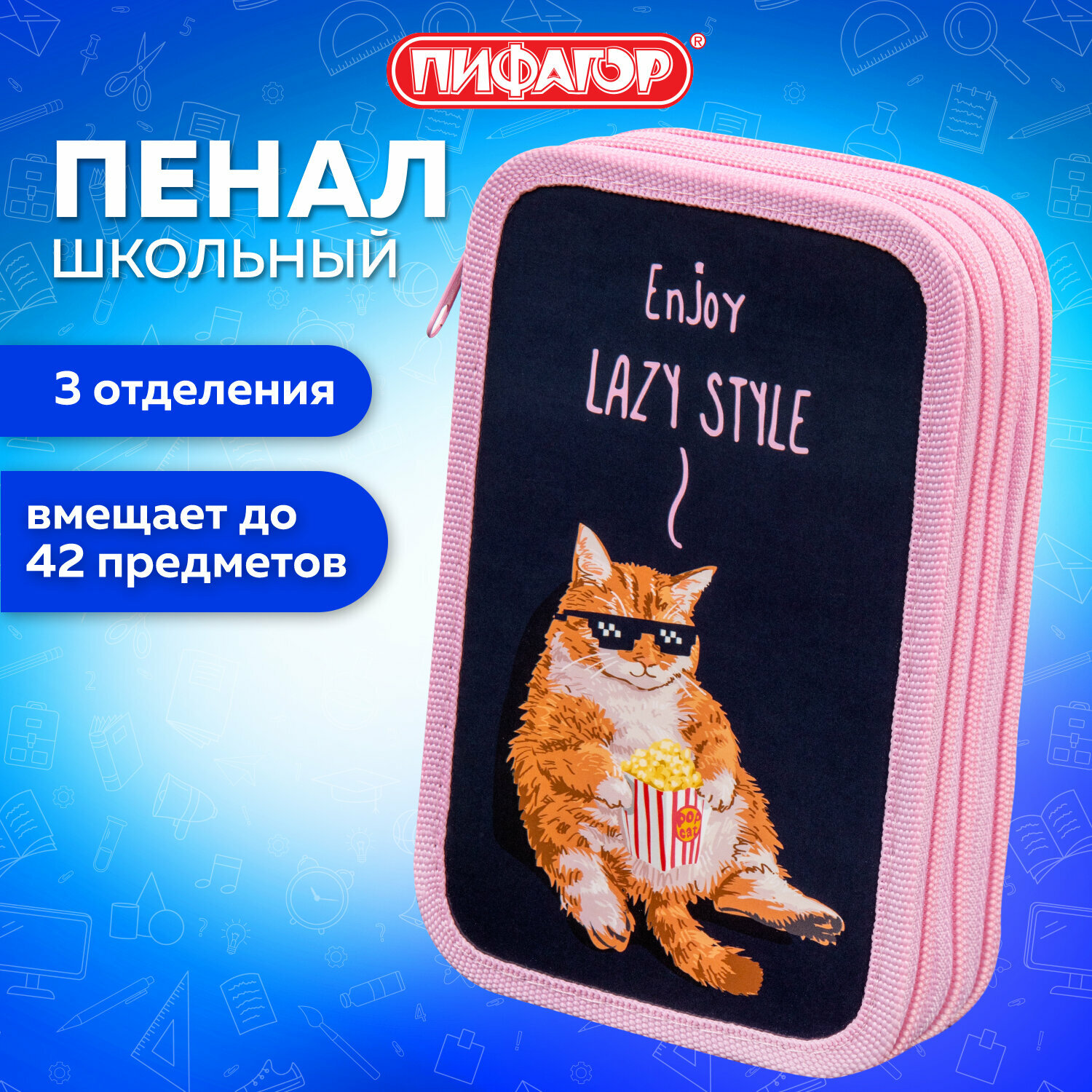 Пенал Пифагор, 3 отделения, ламинированный картон, 19х11 см, Lazy cat, 272252