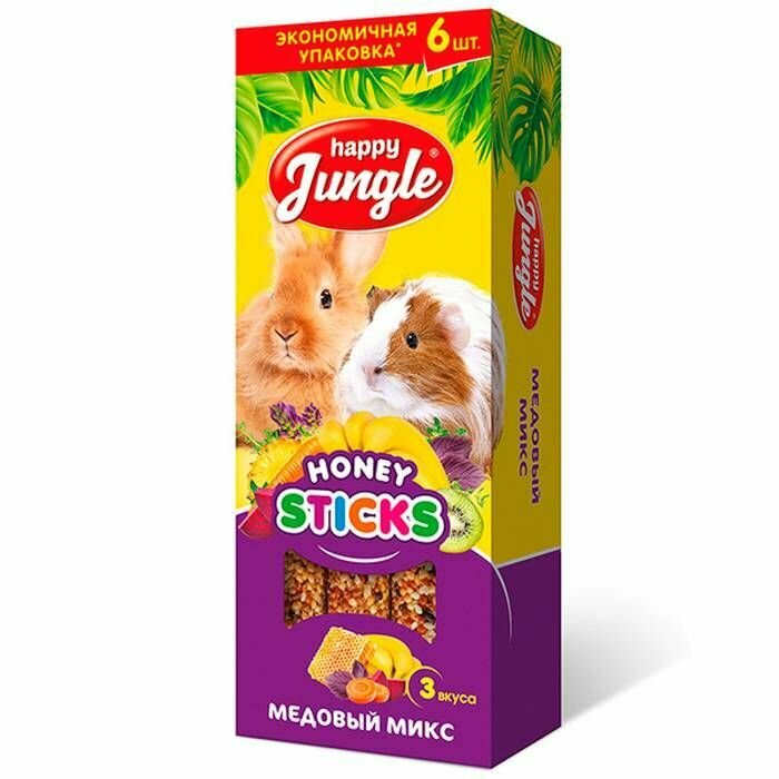 Лакомства для крупных грызунов Happy Jungle - Палочки, медовые, 6 шт в упаковке