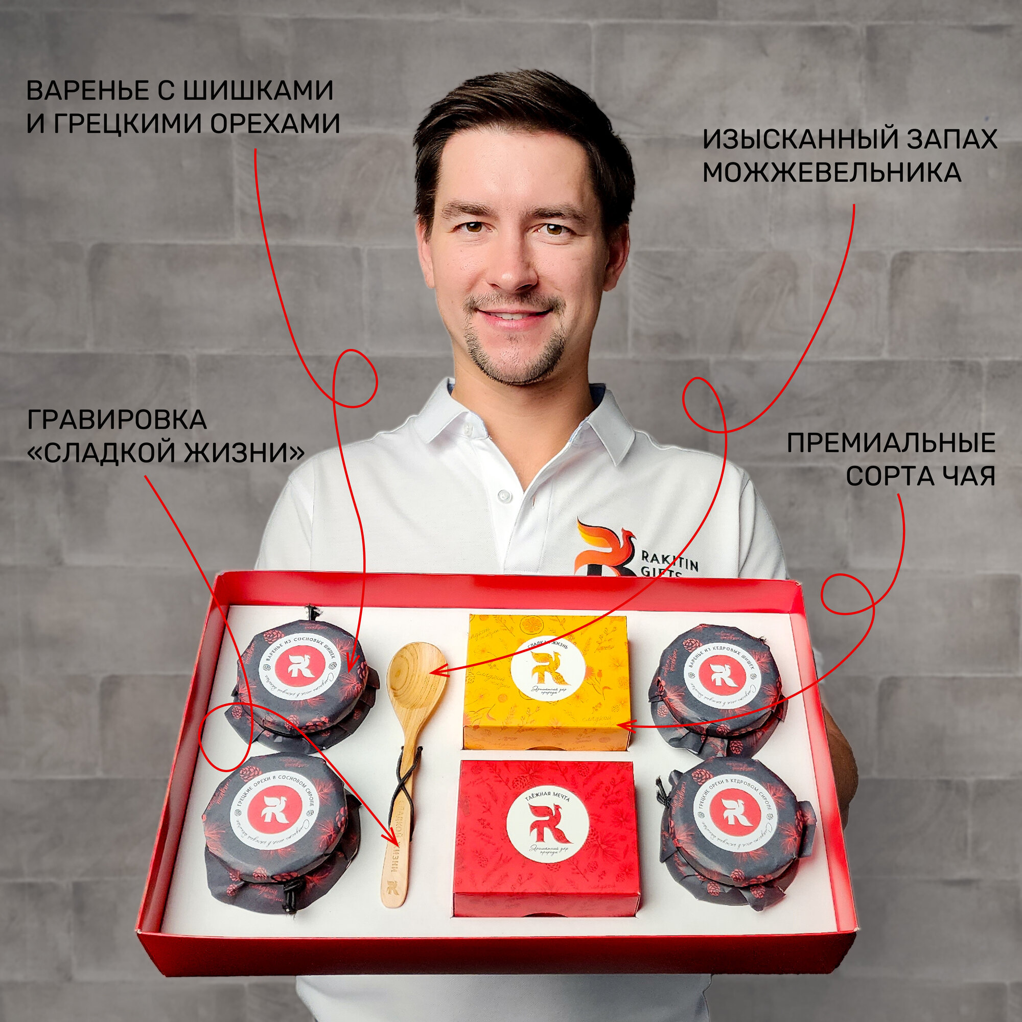 Подарочный набор RAKITIN GIFTS "Вдохновляю на чудо" варенье из сосновых и кедровых шишек с чаем, подарок на 8 марта — фото 1