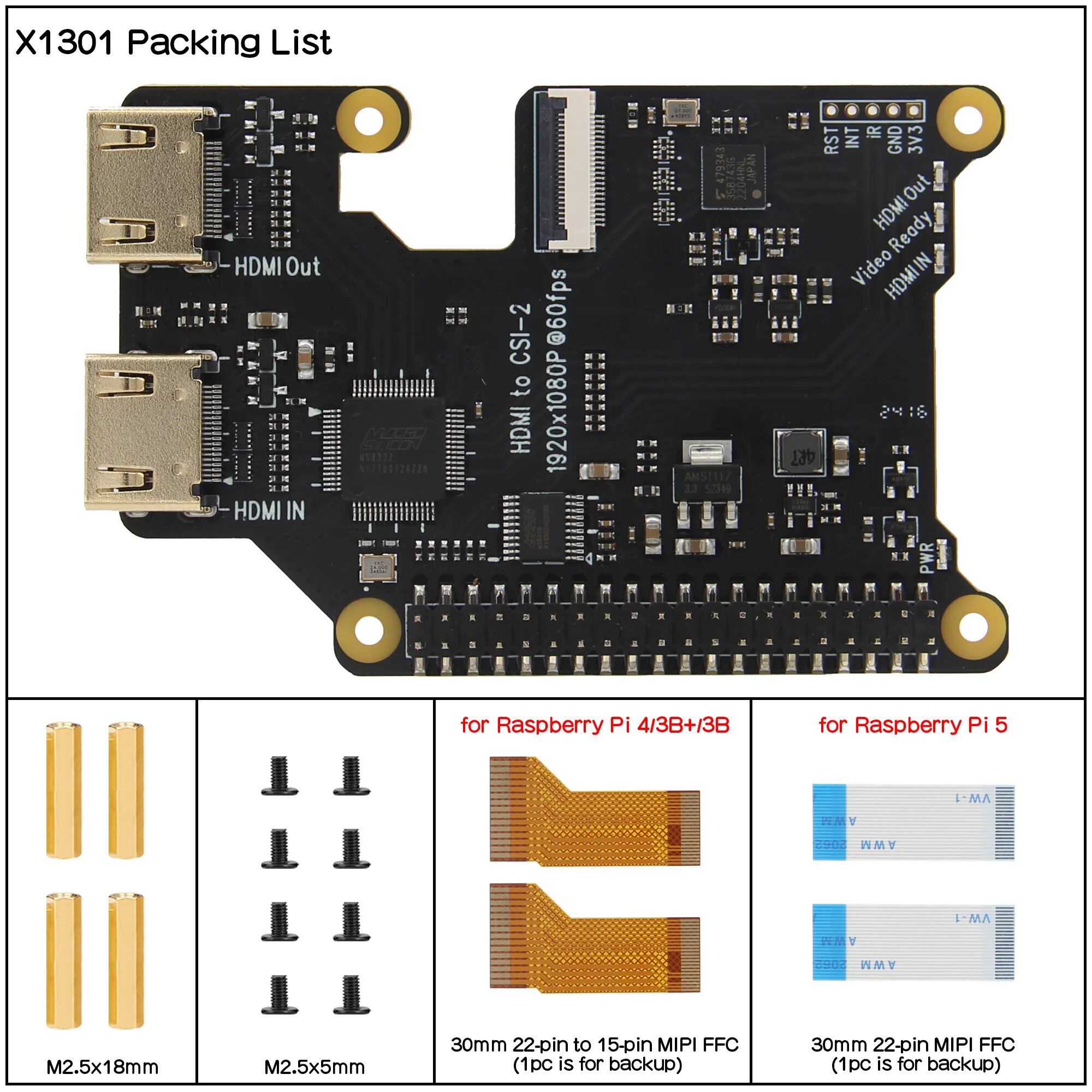 Geekworm X1301 HDMI мост для Raspberry Pi 5/4B/3B+/3B