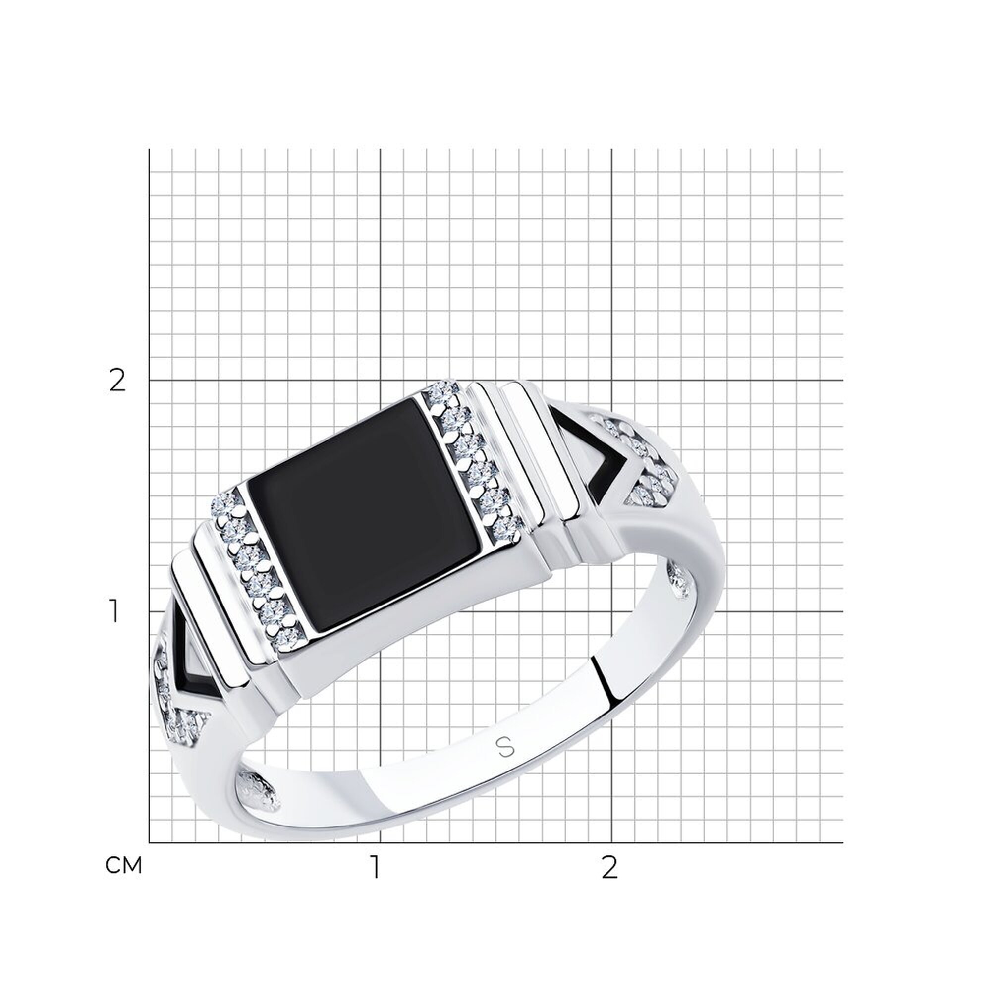 Печатка Diamant online, серебро, 925 проба, родирование, фианит, эмаль, размер 21, черный — фото 1