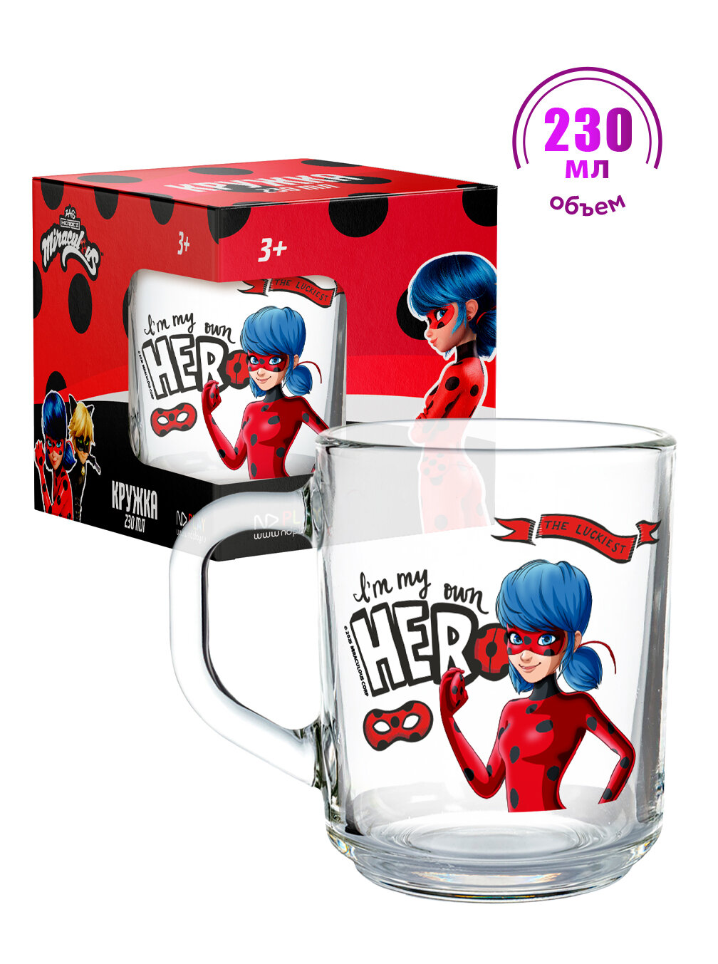 Кружка детская в подарочной упаковке 230 мл ND Play / Леди Баг и Супер-Кот. Скетчи, мал, стекло, 315578