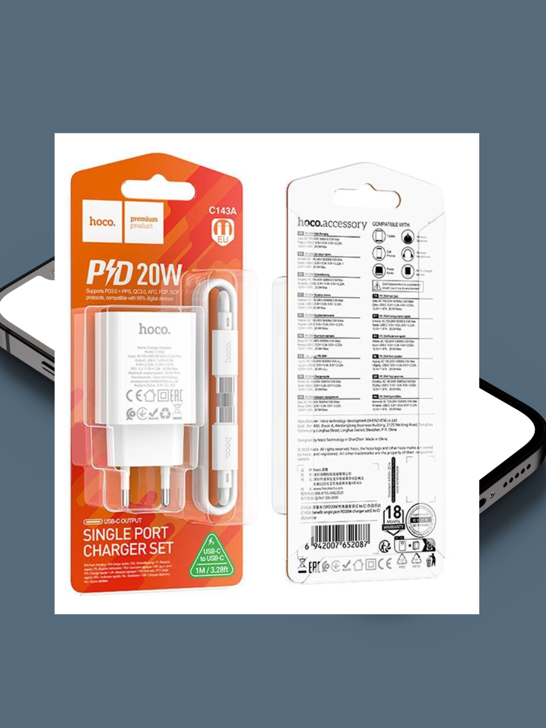 Зарядное устройство для Hoco C143A PD 20w быстрая зарядка, кабель — фото 1