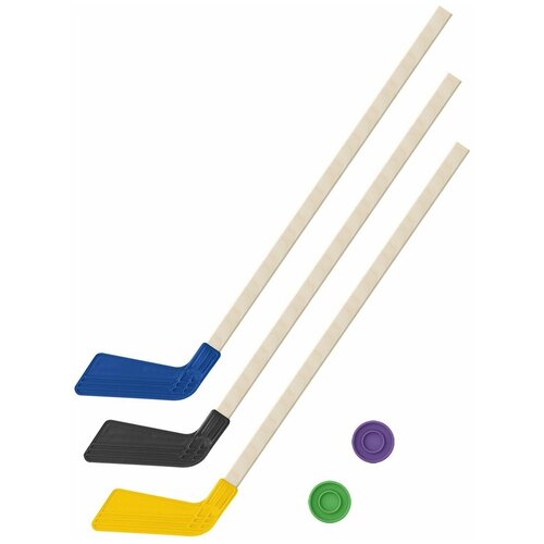 Набор Задира-плюс 3 клюшки хоккейных 80 см и 2 шайбы, КЛ2-Ш2-КЛ-Ш желтый/черный/синий набор задира плюс 3 клюшки хоккейных 80 см и 2 шайбы кл2 ш2 кл ш желтый черный зеленый