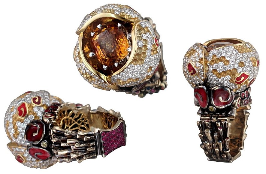 Кольцо Эстет, комбинированное золото, 750 проба, бриллиант, сапфир, гиацинт, рубин, эмаль