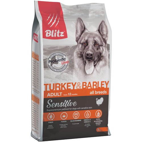 Сухой корм для собак Blitz Sensitive, свинина, индейка, с ячменём 1 уп. х 1 шт. х 2 кг blitz сухой корм blitz adult turkey