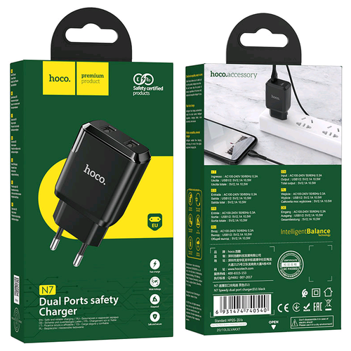 Сетевое зарядное устройство N7, 2 USB - 2.1 А, черный